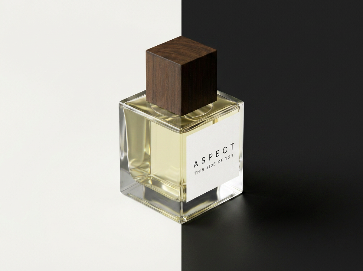 A clear glass perfume bottle with pale yellow liquid, a white label reading ASPECT, and a dark brown wooden cap, set against a split white and black background.